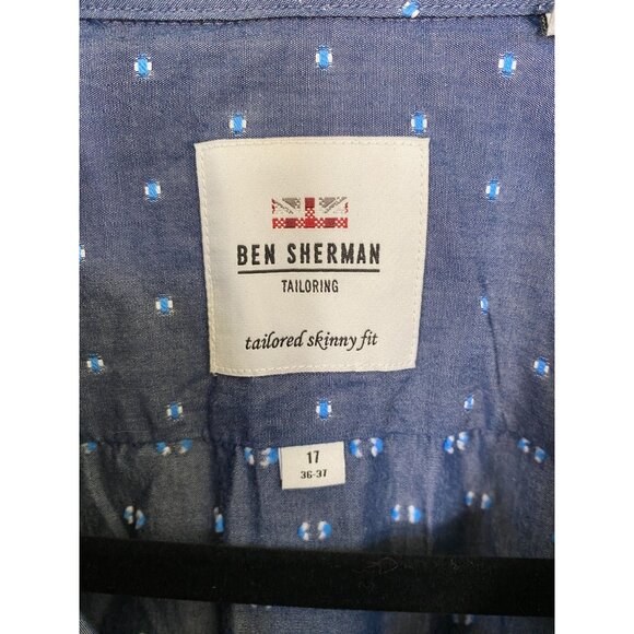 Ben Sherman Mens Tailored Skinny Fit Blue Polka Dot Long Sleeve Button-Up Shirt - Picture 4 of 7